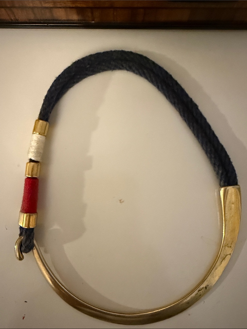 Gold Half-Hoop Navy Rope Necklace with Red and White Accents